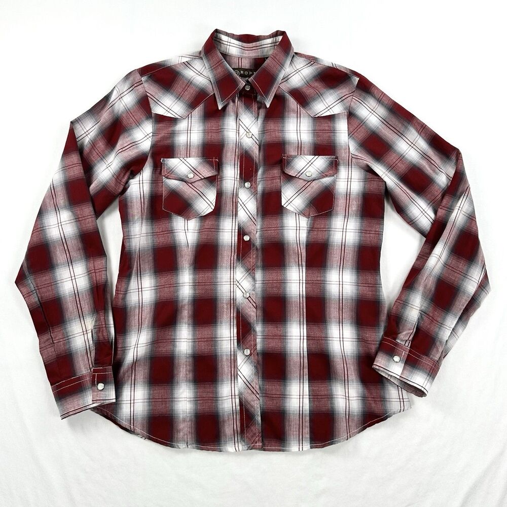 Roper Pearl Snap Plaid Shirt Womens Medium Red Western Metallic